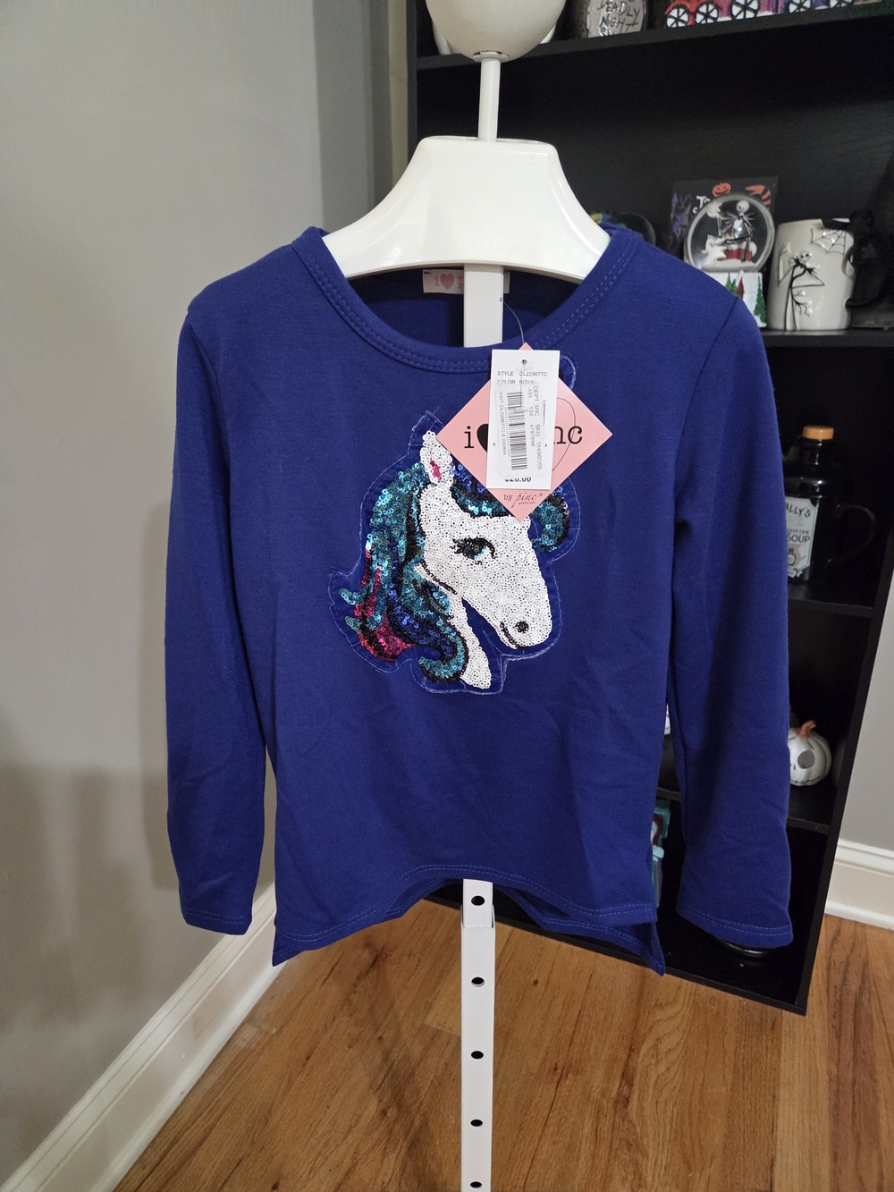 Pinc Navy Blue Long-Sleeve Top with Sequin Unicorn